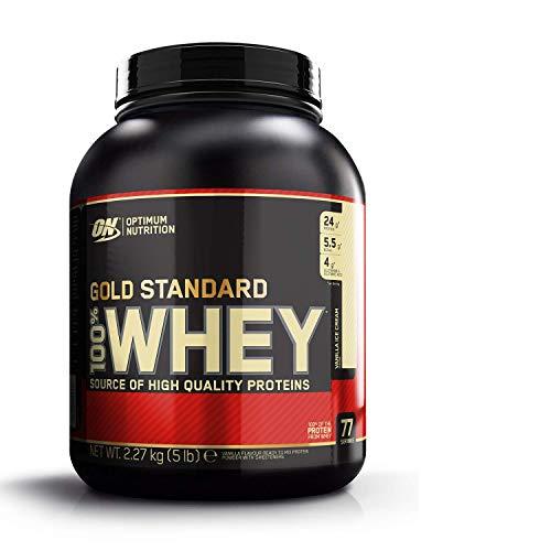 Optimum Nutrition ON Gold Standard 100% Whey Proteína en Polvo Suplementos Deportivos con Glutamina y Aminoacidos Micronizados Incluyendo BCAA, Helado de Vainilla, 73 Porciones, 2.27 kg