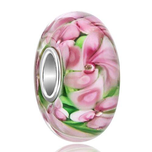 Abalorio de plata de ley 925 en forma de burbuja con diseño de flores con cristales rosas de Murano incrustados de la marca JewelleryQueen, adaptable con las pulseras Pandora.