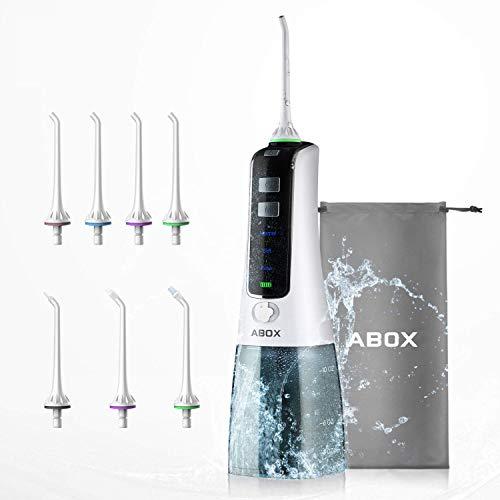 ABOX Irrigador Dental Portátil con 7 Boquillas, Tanque de Agua Desmontable de 200ml, Recargable USB con 3 Modos, IPX7 Impermeable, para Viaje y Familia