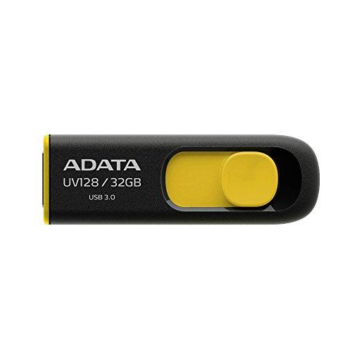 ADATA DashDrive UV128 32GB - Memoria USB de 32 GB (USB 3.0, Deslizante), Negro y Amarillo