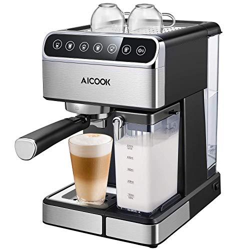 Aicook cafetera espresso, 15 bares presión, depósito agua extraíble 1,5l, panel lcd, sistema cappuccino, dispensador de café ajustable, limpieza automática, plateado