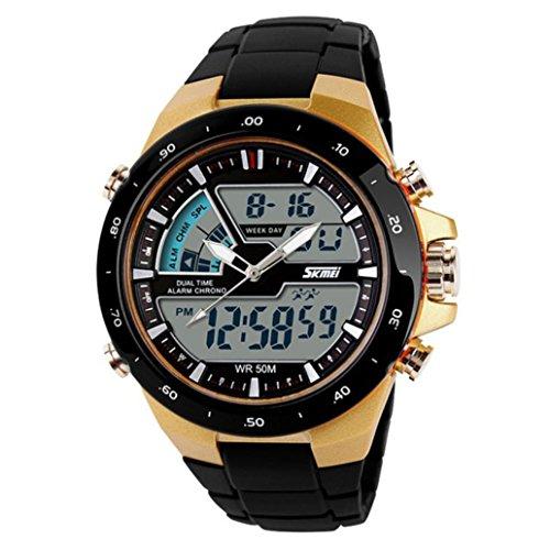 Amsion Hombre de pantalla dual impermeable multifunción LED goma reloj deportivo de alarma (oro)