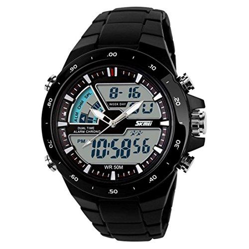 Amsion Hombre de pantalla dual impermeable multifunción LED goma reloj deportivo de alarma (negro)