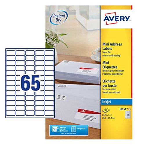 Avery España J8651-25 - Pack de 25 folios de mini etiquetas, 38.1 x 21.2 mm, color blanco