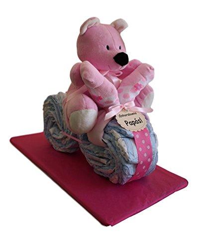 Moto de pañales en color rosa, tarta de pañales original ideal como regalo para bebé