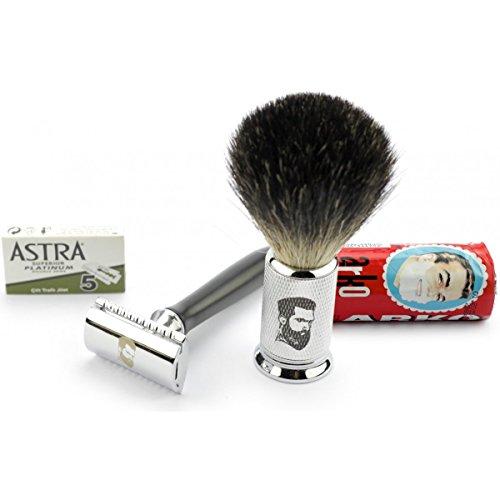 Rusty Bob - Maquinilla de afeitar y cepillo de afeitar hecha de pelo de tejón y el afeitado y cinco hojas de afeitar - Safety Razor - Set 9