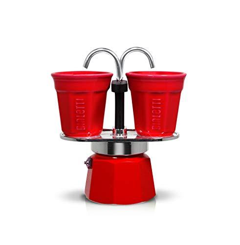 Bialetti Mini Express Set, cafetera de Aluminio 2 Tazas Color Rojo con 2 vasitos para el café Color Rojo