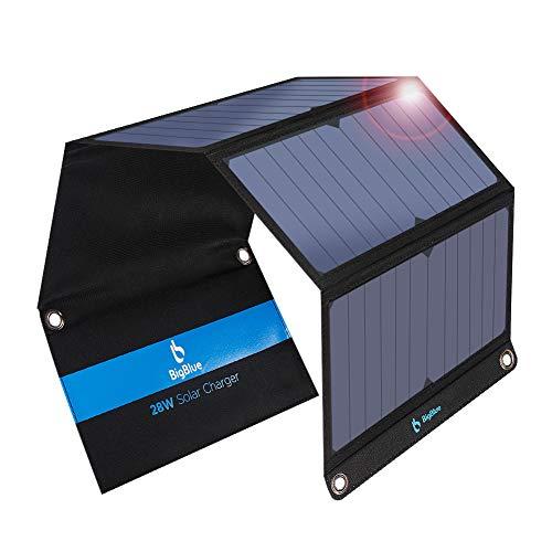 28W Cargador Solar Portátil, BigBlue 2 Puertos USB y 4 Paneles Solares Impermeables con LCD Amperímetro Digital y Cremallera de Protección para Dispositivos USB Recargables, iPhone, Android, GoPro Etc (21,5% - 23,5% de Conversión de Energía Solar)