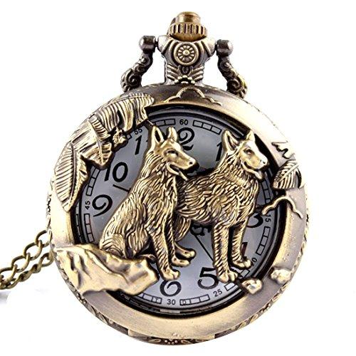 Reloj de bolsillo de cuarzo, diseño de lobo y luna, bronce, estilo antiguo