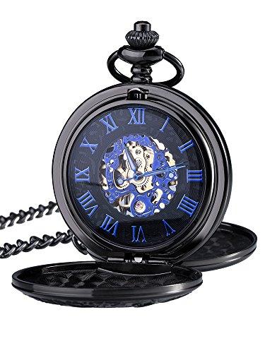 Reloj de Bolsillo Mecánico de Números Romanos Azules con Cadena y Doble Abierto