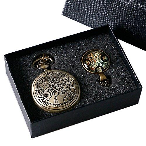 Reloj de bolsillo de Yisuya, con cadena colgante para hombre, diseño de estilo retro de Doctor Who, color bronce antiguo, en caja de regalo