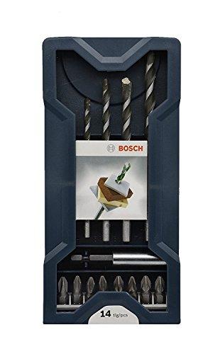 Brocas multiusos de Bosch Professional, 14 piezas, juego Mini-X-Line de brocas universales con portapuntas magnético y puntas PH2 y PZ2 para azulejos, madera, hormigón, piedra y metal