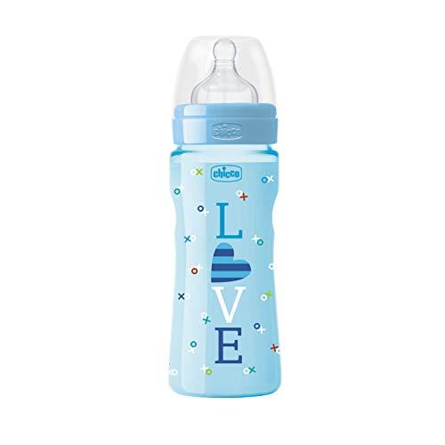 Chicco Wellbeing - Biberón con tetina de silicona y flujo rápido para bebé de 4 meses en adelante, 330 ml, color azul, 1 unidad, modelo surtido