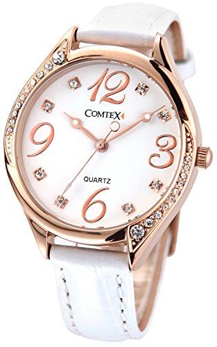 Comtex Reloj de mujer de cuarzo,correa de piel color blanco,caja de oro rosa