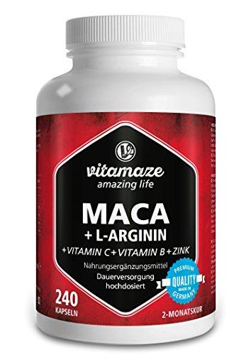 Vitamaze® Maca Cápsulas de alta dosis 4000 mg + L-Arginina 1800 mg + Vitaminas + Zinc, 240 cápsulas por 2 meses, Hechas en Alemania