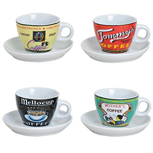 Conjunto de 4 tazas con diseños variados de café expreso en Porcelana (platos incluídos)