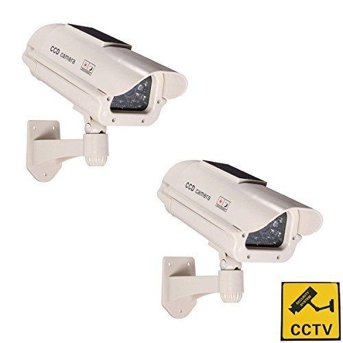 BW - Paquete de 2 cámaras de videovigilancia ficticias (energía Solar con luz led Blanca Intermitente, inalámbrica por Infrarrojos, para Exterior e Interior)