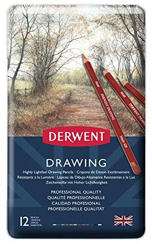 Derwent Drawing - Lápices de dibujo (12 colores de madera, en estuche de metal)