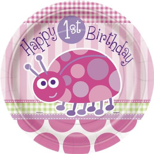 Unique Party- Platos de Papel: Primer Cumpleaños de Mariquita, 8 Unidades, Color rosa, 23 cm (40395)