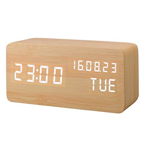 Despertador Digital, Leeron Reloj Digital de Madera con 3 Alarmas Programables, con Control de Sonido Inteligente y LED Brillo de Pantalla de Hora Fecha Semana Temperatura (Marrón)