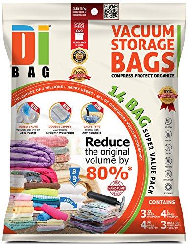 DIBAG 14 Bolsas de almacenaje al vacío de ropa para ahorrar espacio, Bolsa Plana: 3 XL, 4 L, 4 Medianas; 3 Bolsas de Viaje enrollables para Maleta