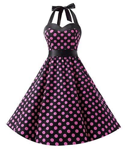 DRESSTELLS Halter 50s Rockabilly Polka Dots Dots Dress Petticoat Pleated Skirt Black Rose Dot S