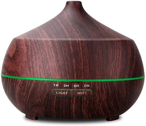 TENSWALL Difusor de aromaterapia de aceite esencial ultrasónico de grano de madera portátil con niebla fría y 7 luces LED que cambian de color 400ml Marrón