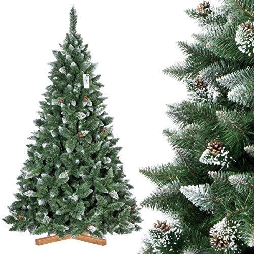 FairyTrees Artificial Árbol de Navidad Pino, Natural Blanco nevado, piñas verdaderas, Soporte de Madera, 220cm