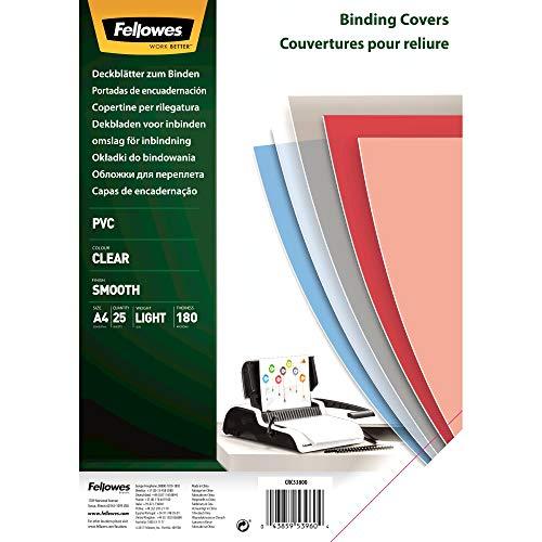 Fellowes Portadas para encuadernar de PVC transparente, formato A4, 180 micras, pack de 25