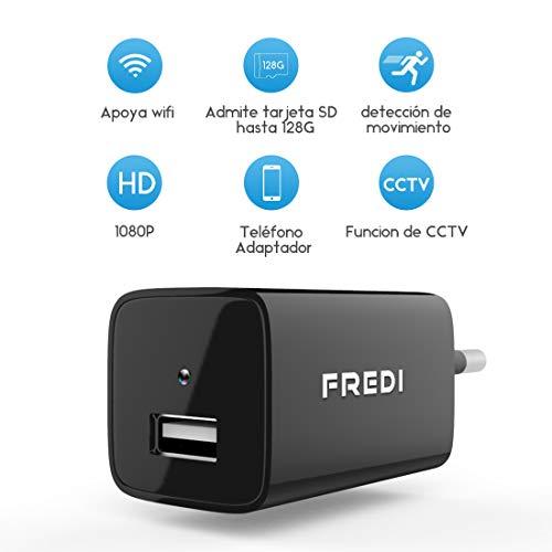 FREDI IP Mini WiFi Cámara Espía/Oculta/HD 1080p Cargador de Cámara/USB Wall Charger/Teléfono Adaptador/Admite Tarjeta de 128G(no Incluye) Detección de Movimiento Cámara vigilancia