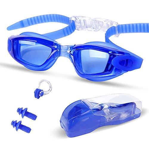 Gafas de Natación Profecional - Antiniebla,Hermético, Ajustable, Protección UV para Hombres y Mujeres con Caballete Mediano, regalar Clip para la Nariz y Tapones para los Oídos?azul?