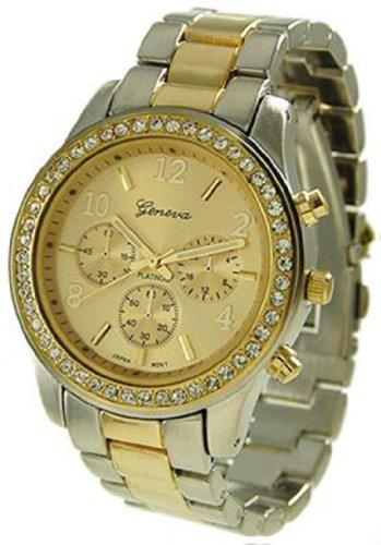 Reloj de Cuarzo para Mujer de Acero Inoxidable Plateado de Dos Tonos 9073 con Esfera de Color Oro para Mujer de Geneva Platinum
