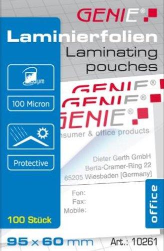 Genie 10261 - Fundas de plastificación (100 unidades, formato de tarjeta de visita, 95 x 60 mm, 100 micrones, compatibles con plastificadoras termales)