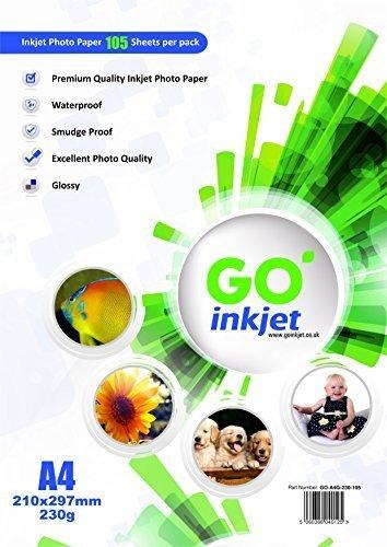 GO Inkjet - A4 230g/m Papel fotográfico para impresora fotográfica y de inyección 105 unidades (21cm x 29.7cm), resistente al agua, color blanco