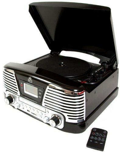 GPO Memphis Equipo Reproductor de vinilos - Tocadiscos de Vinilo, CD, Radio FM, USB - Negro