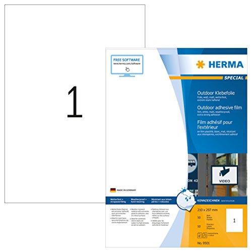 Herma 9501 - Paquete de 50 etiquetas adhesivas ultrarresistenes (210 x 297 mm, impermeables, especiales para exteriores), color blanco mate