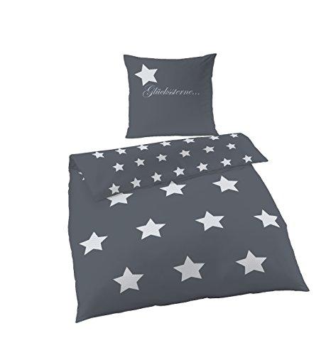 Ropa de cama de 2 piezas IDO de franela de algodón, funda nórdica de 135 x 200 cm, funda de almohada de 80 x 80 cm, color gris antracita con diseño de estrellas