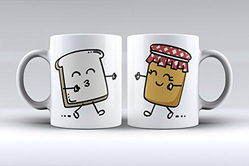 Pack 2 tazas ilustración tostada y tarro de mermelada decorada desayuno regalo original pareja