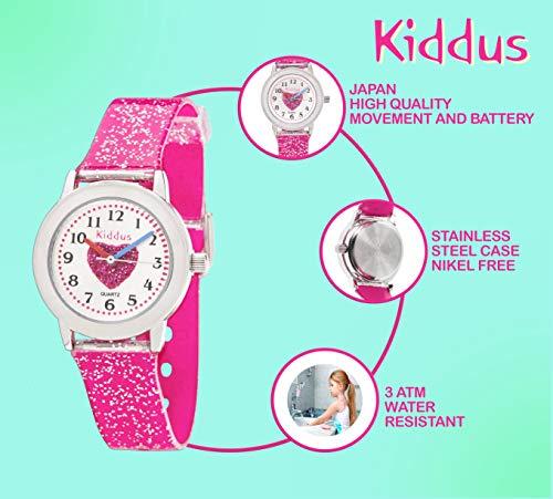 KIDDUS Reloj de Pulsera analógico para niña, Chica. con Ejercicios educativos para Aprender la Hora. Mecanismo de Cuarzo japonés Purpurina, Elegante y a la Moda