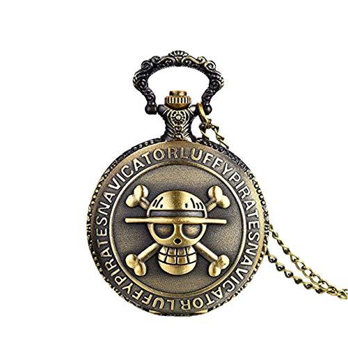 JewelryWe Reloj de Bolsillo Bronce Retro, One Piece Pirata Cráneo, Reloj de Bolsillo Cuarzo Cadena de 80 cm, Buen Regalo