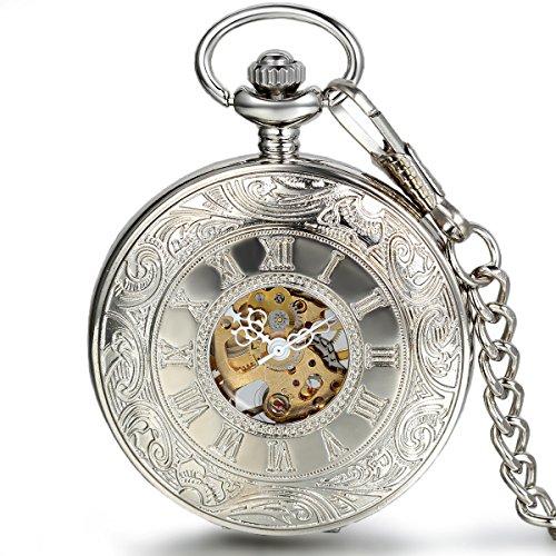 Jewelrywe Reloj de Bolsillo mecánico Cuerda Manual, clásico Retro Reloj número Romano analógico, Color Plateado