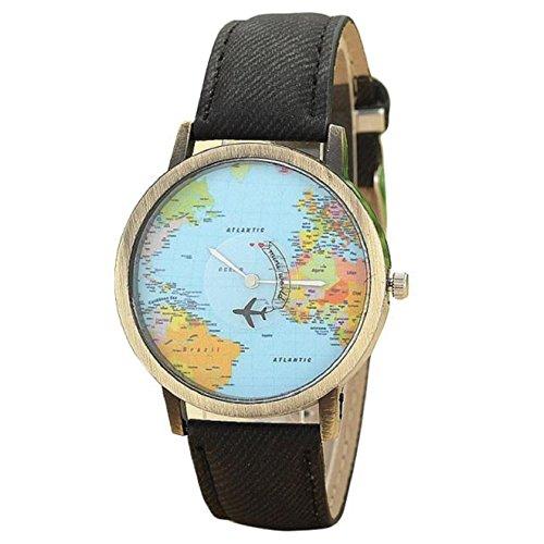 KanLin Mujer Reloj de Casual, Banda de Tela de Denim, Global Fly Mapa marcar (Negro)