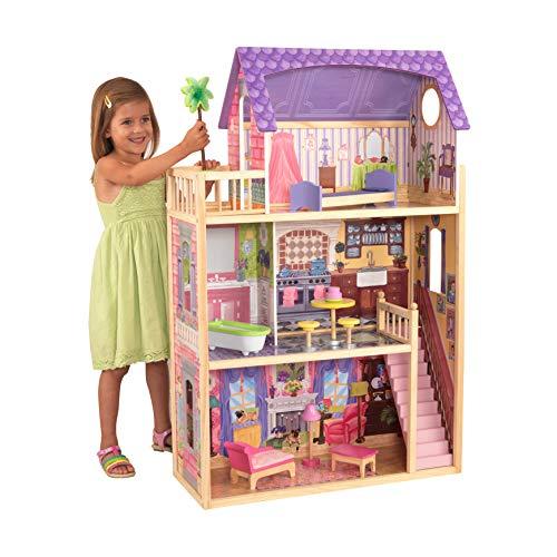 KidKraft- Kayla Casa de muñecas de madera con muebles y accesorios incluidos, 3 pisos, para muñecas de 30 cm , Color Natural/Rosa/Violeta (65092 )
