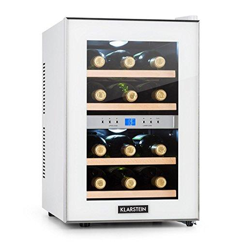 Klarstein Reserva - Nevera de vinos, Refrigerador bebidas, 34 L, 12 Botellas, 4 Estantes, Control Touchpad, 2 Zonas, Temperatura 7-18 °C, Doble Cristal, Blanco