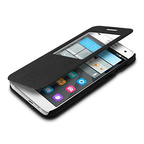 kwmobile Funda para Huawei Ascend G7 - Case estilo libro de cuero sintético con ventanilla - Flip Cover plegable negro