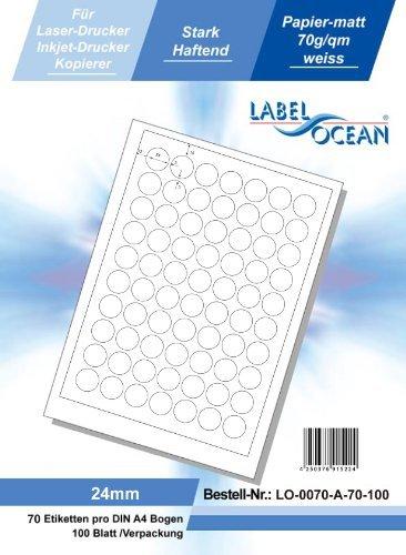 LabelOcean LO-0070-a-70, 7000 etiquetas 24mm = 100 Folios DIN A4, 70g/qm, adecuado para la impresora de inyección de tinta-, impresoras láser y copiadoras.