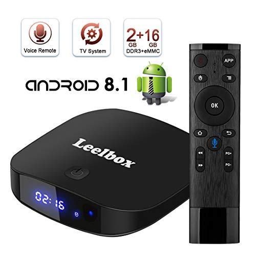 TV Box Android TV Sistema 8.1 - Leelbox Smart TV Box con Mando Inteligente, 2GB RAM & 16GB ROM, widevine L1, 4K*2K UHD H.265, USB*2, WiFi Media Player, Android Set-Top Box