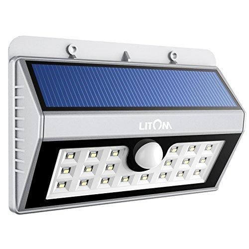 Litom Luz Lampara Focos Energía Solar con Sensor de Movimiento 20 LEDs Resistente al Agua, Iluminación Exterior de Seguridad para Pared Garaje Patio Jardín Escaleras Camino