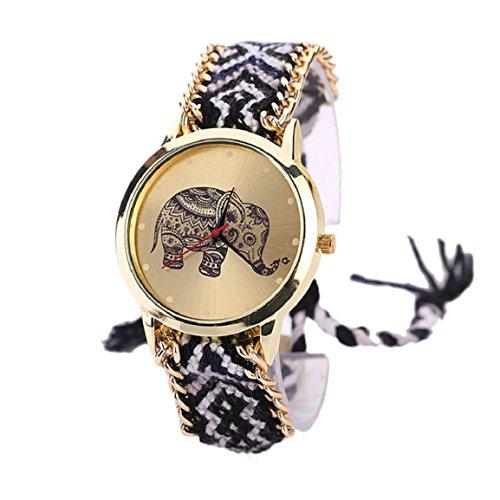 Malloom 2015 mujeres dama retro elefante patrón cuerda tejida pulsera cuarzo relojes de pulsera negro + blanco