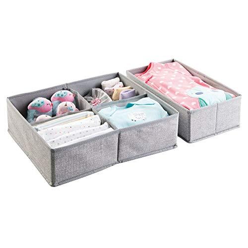 mDesign Juego de 2 cajas organizadoras de tela (5 compartimentos) - Preciosos organizadores para cajones y cómodas - Cestas para ordenar accesorios para bebés - gris